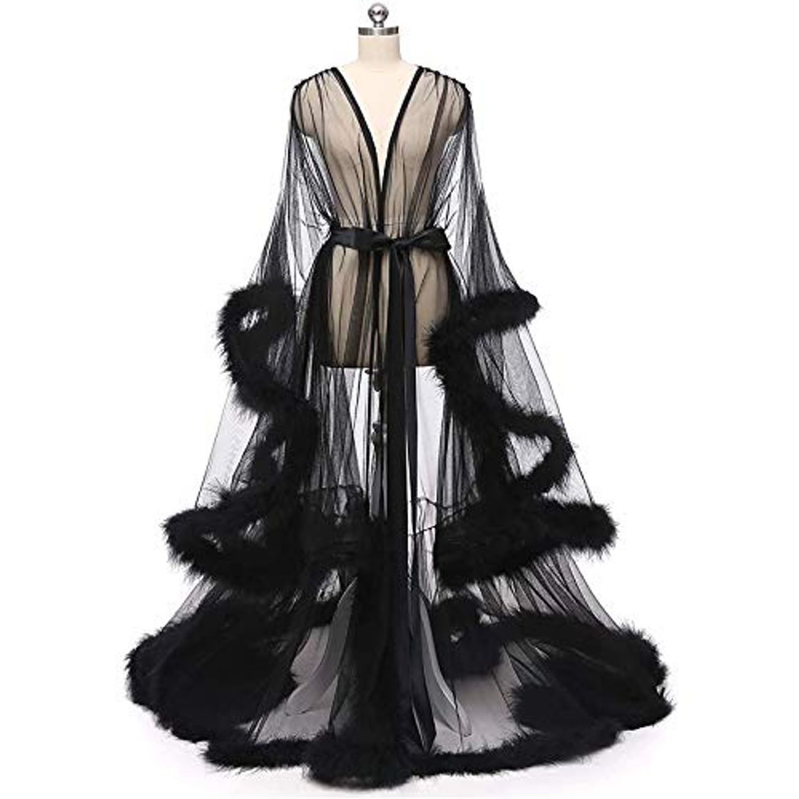 Fashion YhomeY Túnica de Plumas Lencería Sexy Sexy Illusion Long Lingerie Robe Nightgown