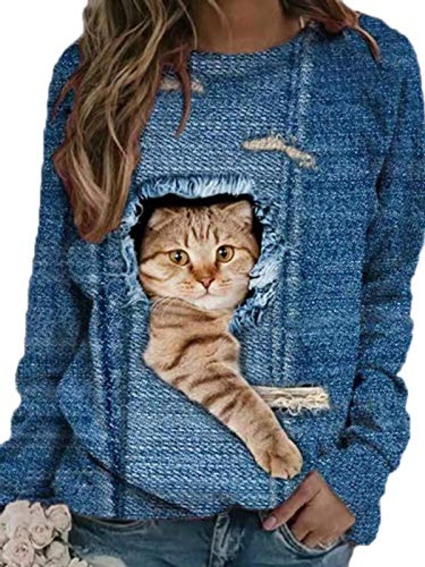 Moda Camiseta con Estampado 3D de Gato Lindo de Manga Larga para Mujer Sudadera Informal con Cuello Redondo y Jersey