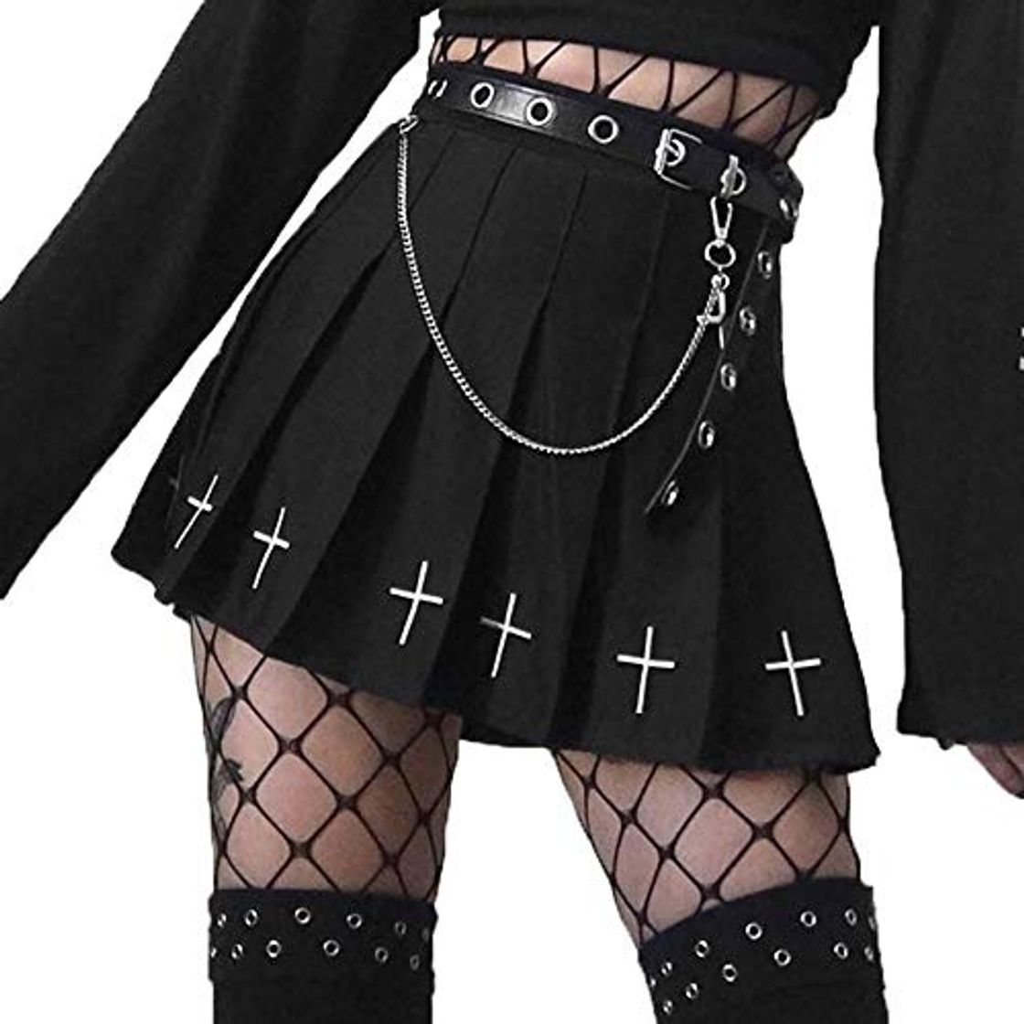 Fashion DINGJIUYAN Falda plisada de uniforme negro con estampado de cruz punk