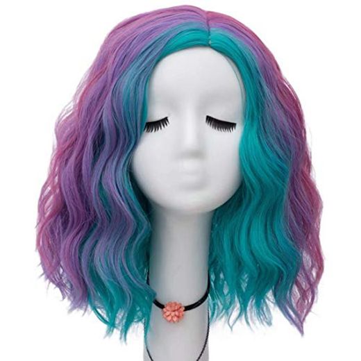 NiceLisa 40cm Corto Azul Púrpura Arco iris Colorido Rizado Onda Disfraces de Halloween Desfile Cosplay Pelucas