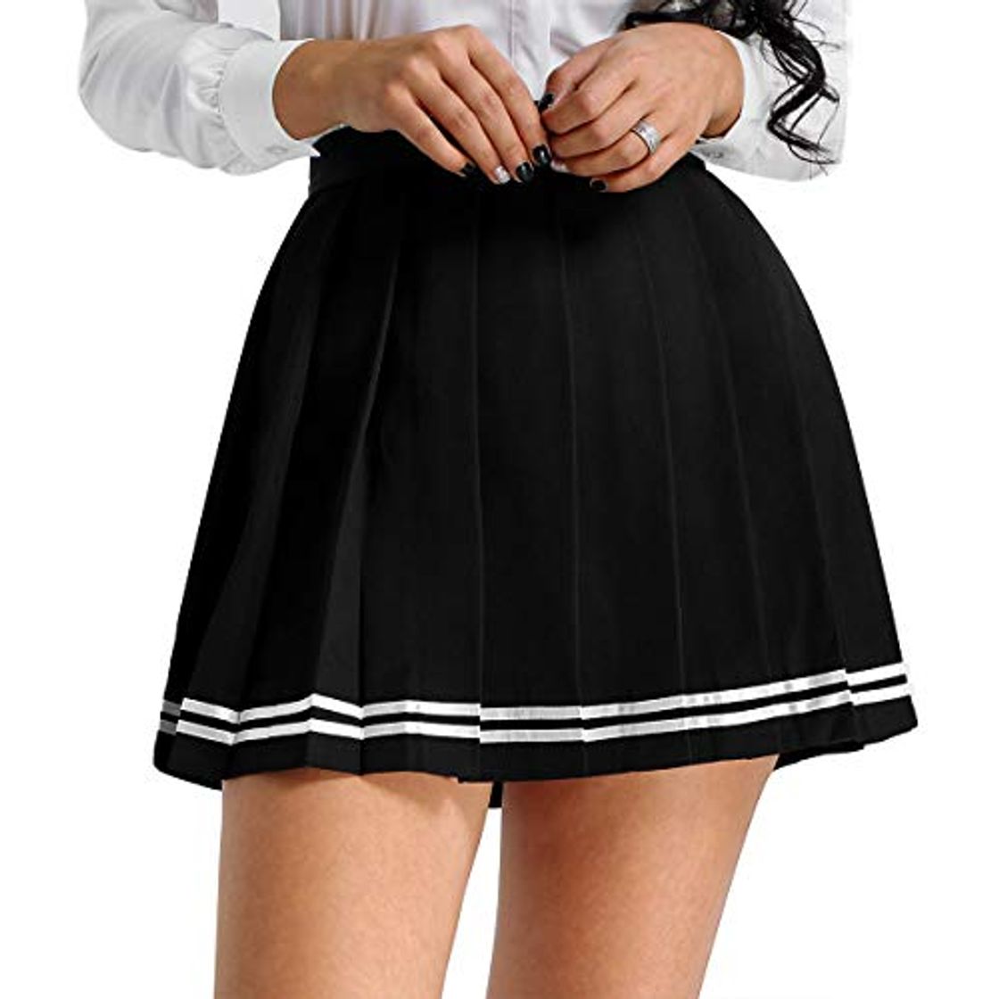 Fashion IEFIEL Falda Plisada Mujer Mini Falda Escolar Falda Corta Colegiala Uniforme Falda Escocesa Cintura Alta Elática para Chicas Negro Rayas S