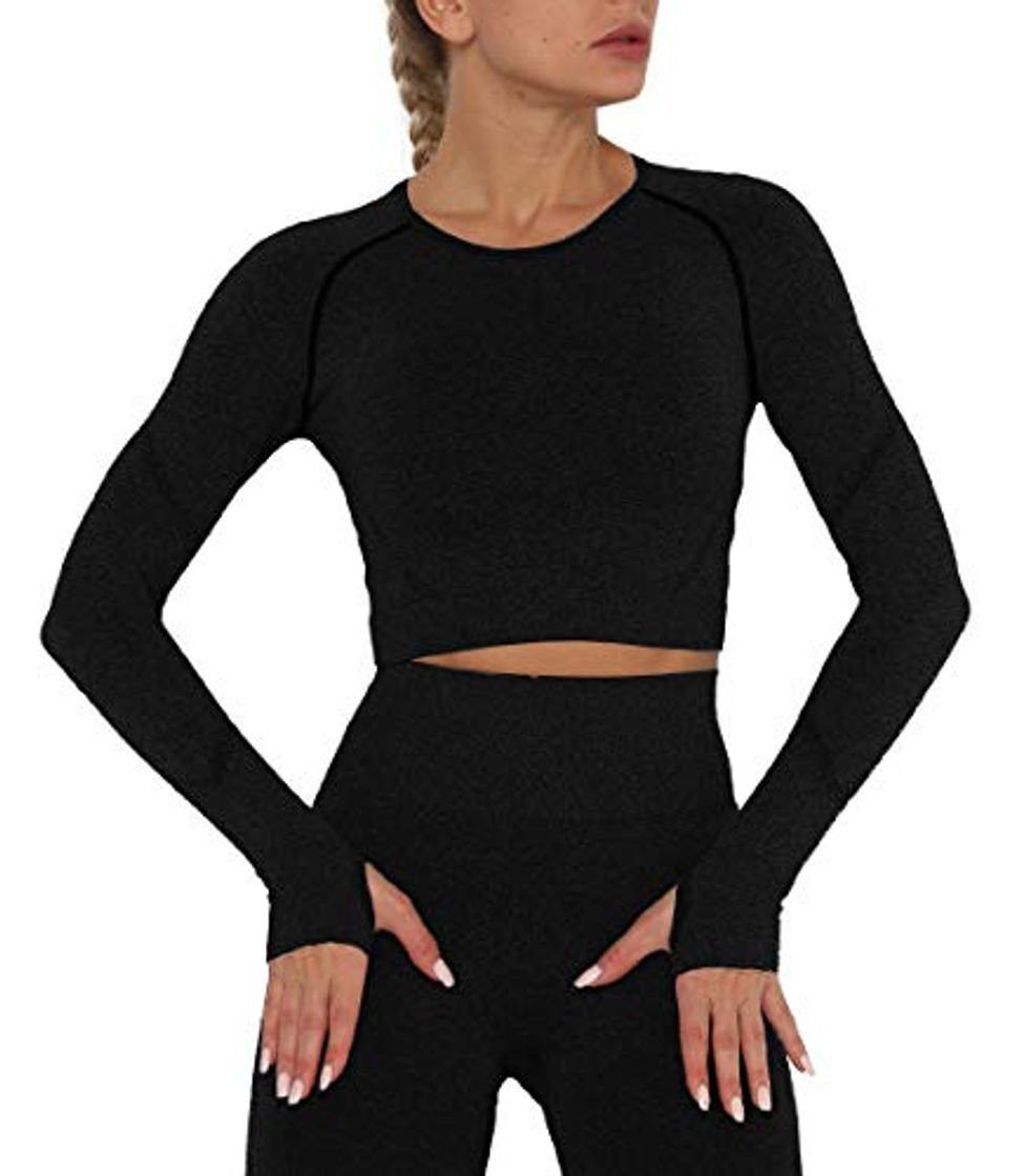 Moda Lalamelon Yoga Camiseta Deportiva Mujer Manga Larga sin Costuras Crop Top Deporte para Fitness Running Gimnasio Elásticos y Transpirables