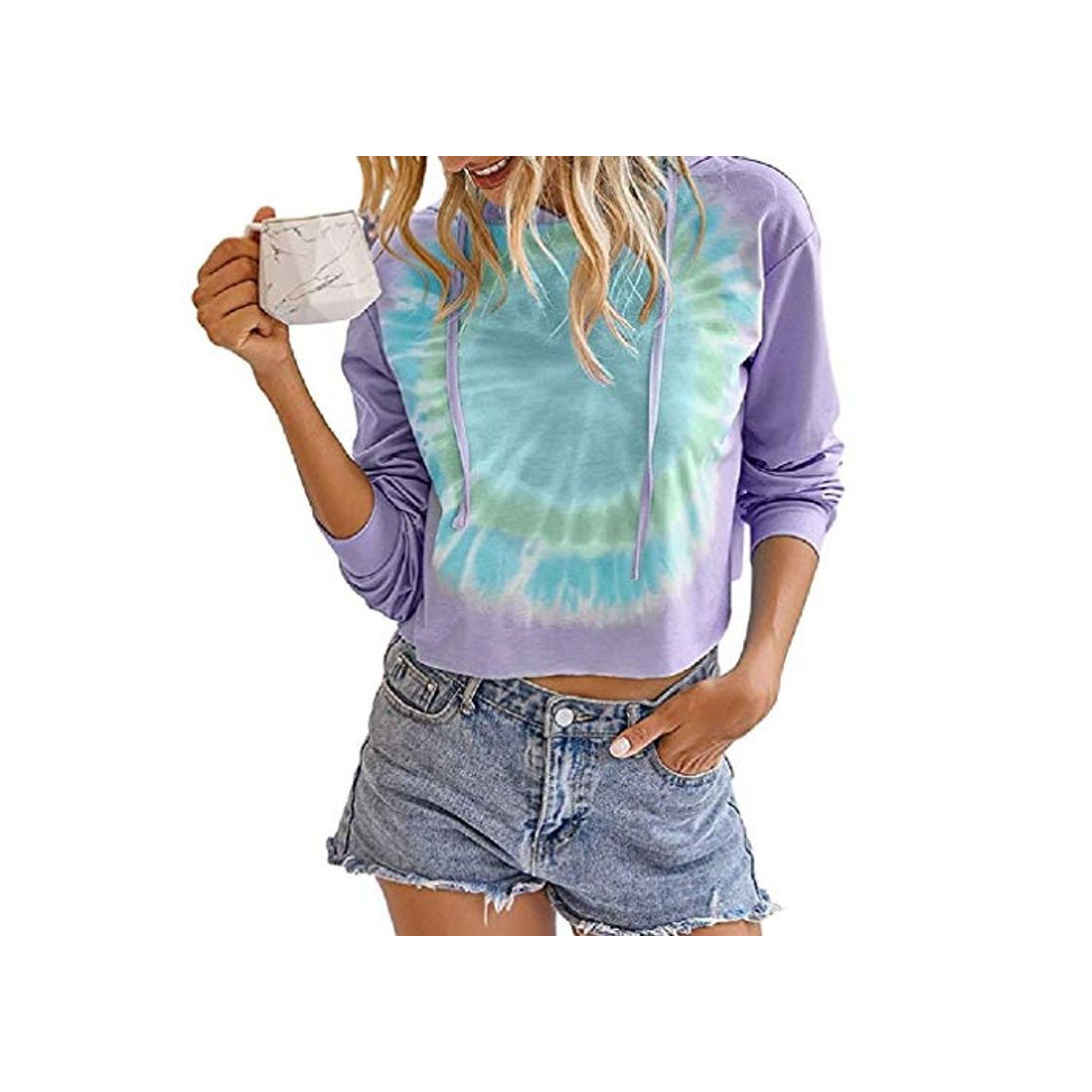 Moda H&E Women Cropped Pullover Color Block Tie Dye Loose Hooded Sweatshirts Tops Purple US XS