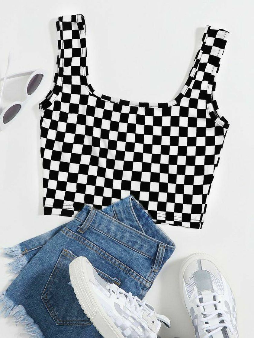 Moda checker crop tak top