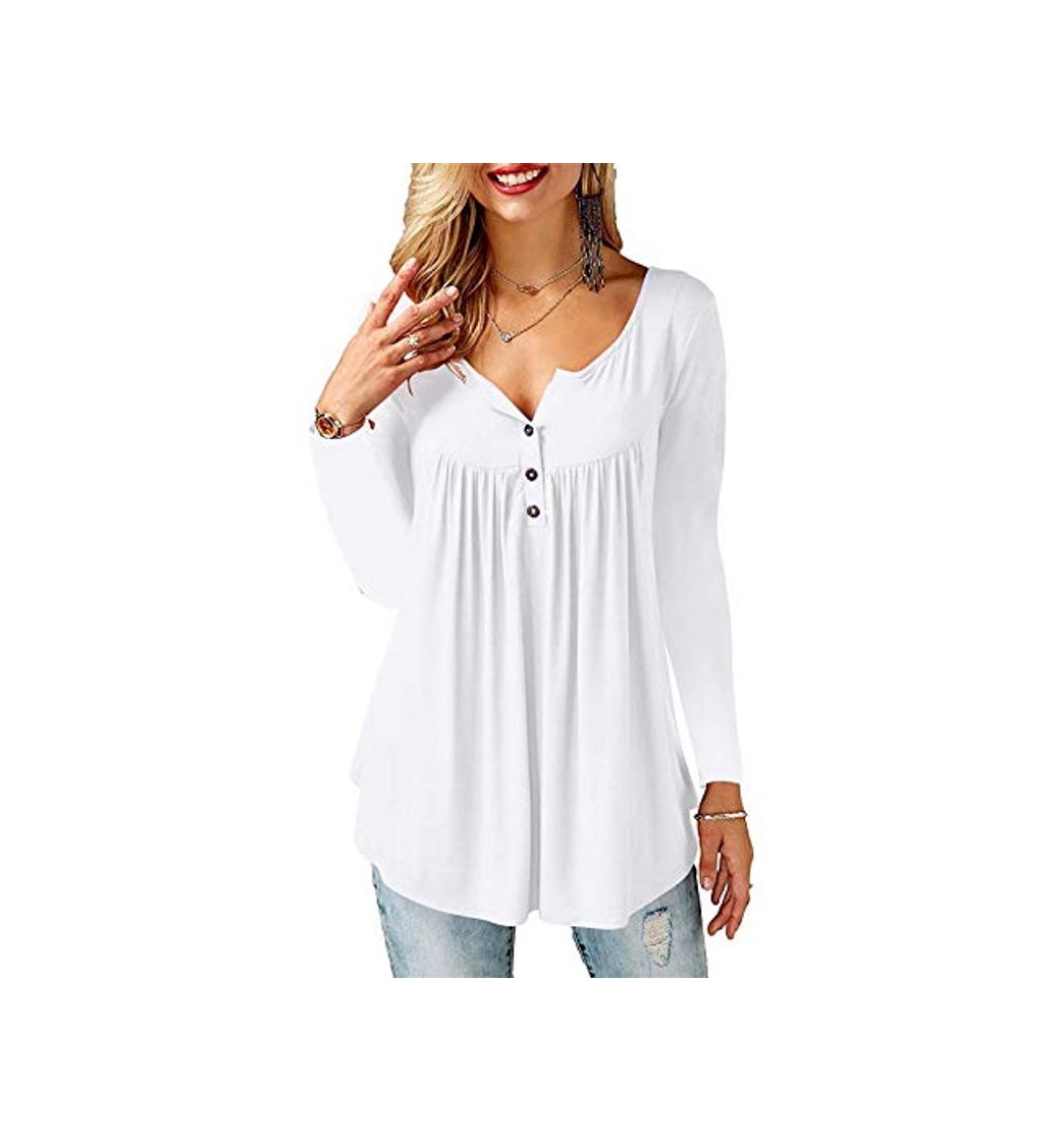 Fashion Amoretu Blusa Mujer Manga Larga Botones Flare Delgado Color Sólido Camisa Cuello en V Tops Blanco XXL