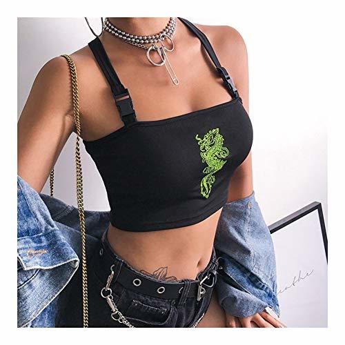 Producto YUELANG Tops Streetwear Crop Top Mujeres Dragón Bordado Hebilla del Entrecruzamiento De