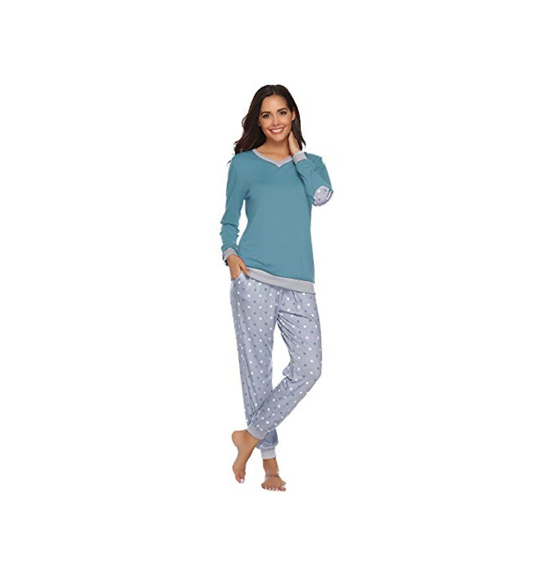 Fashion Hawiton Pijama Invierno Mujer Algodon Mangas Larga Pantalon Largo Encaje 2 Piezas