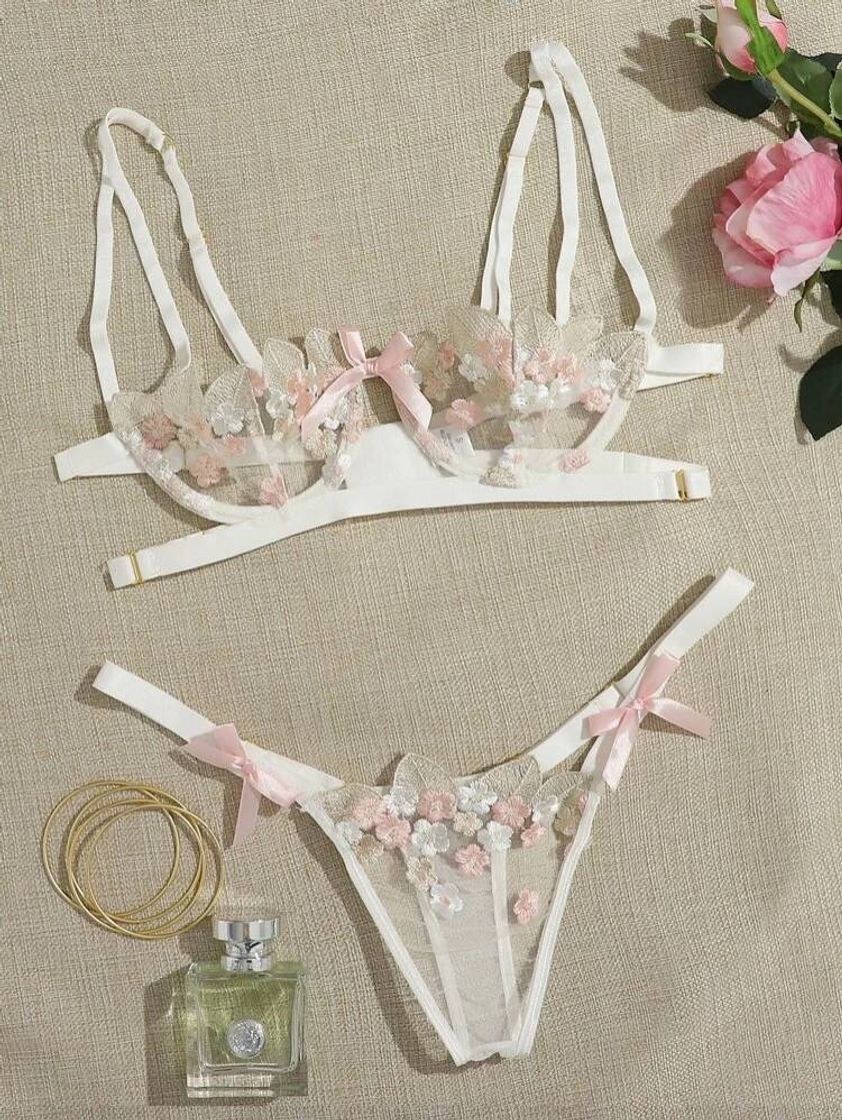 Fashion Branco Bordado Floral Lingerie Sensual

