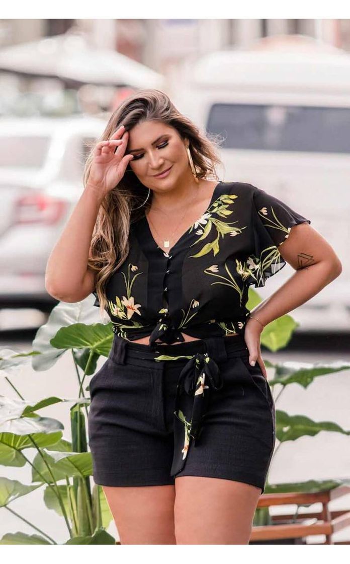 Fashion Atraente Moda Plus Size Blusa Floral Botões com Amarração Preta