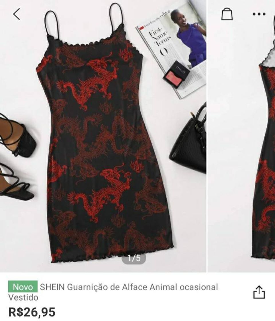 Moda Vestido preto com estampas de dragões vermelhos