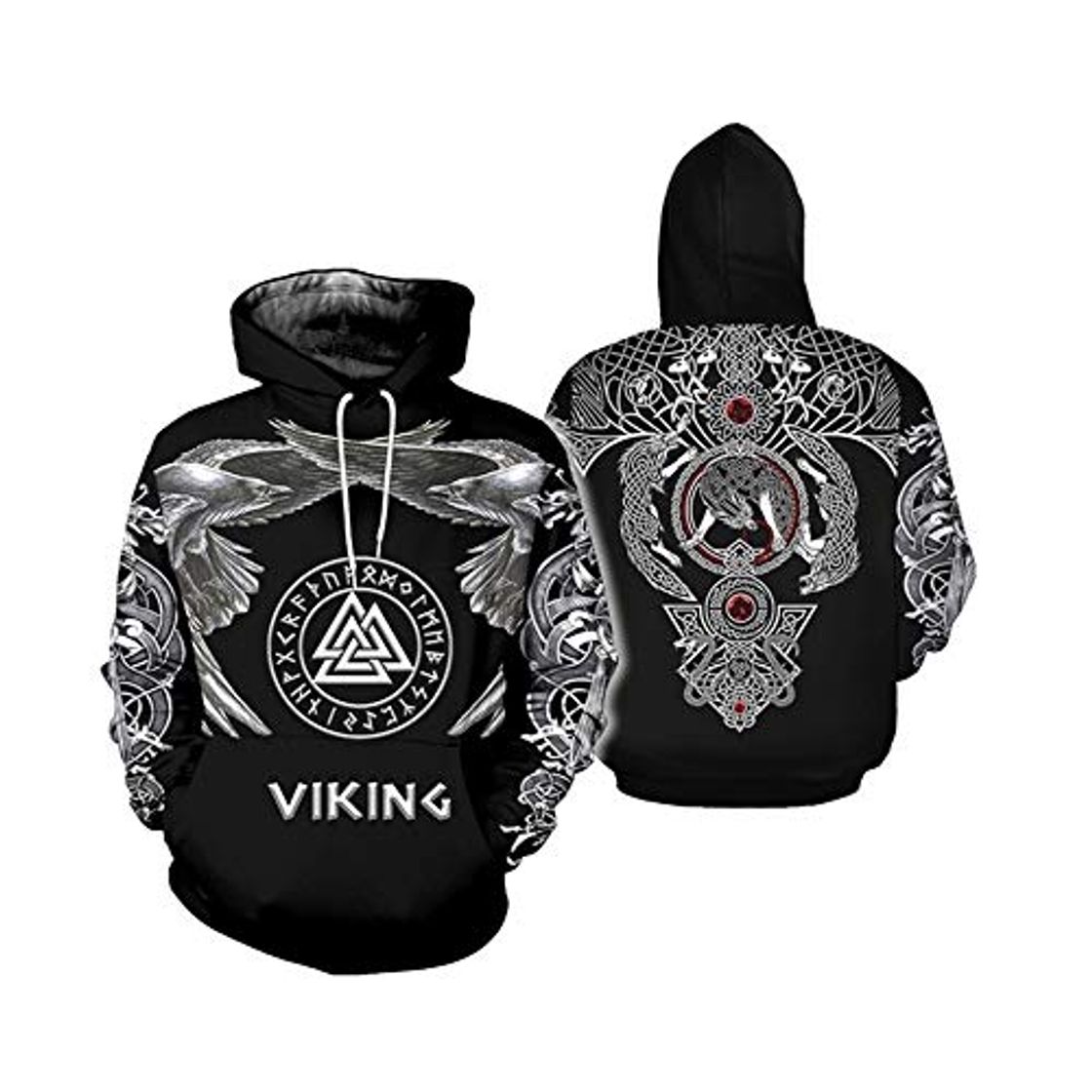 Moda Viking Tattoo Hoodie Unisex 3D Odin Symbol Viking Pagan Norse Mythology Nordic Sign Sudadera con Capucha y Bolsillo