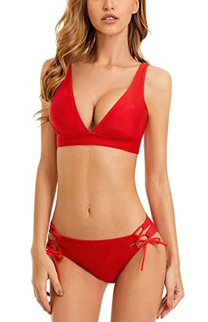 Moda HenzWorld Conjunto de Bikini Triangular Sexy para Mujer Traje de Baño Acolchado Traje de Baño con Cordones y Soporte Ligero para Mujer Traje de Baño con Lazo Lateral Talla XL