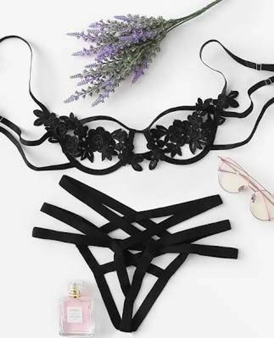 Fashion Arnês Detalhe Appliques Lingerie Set

