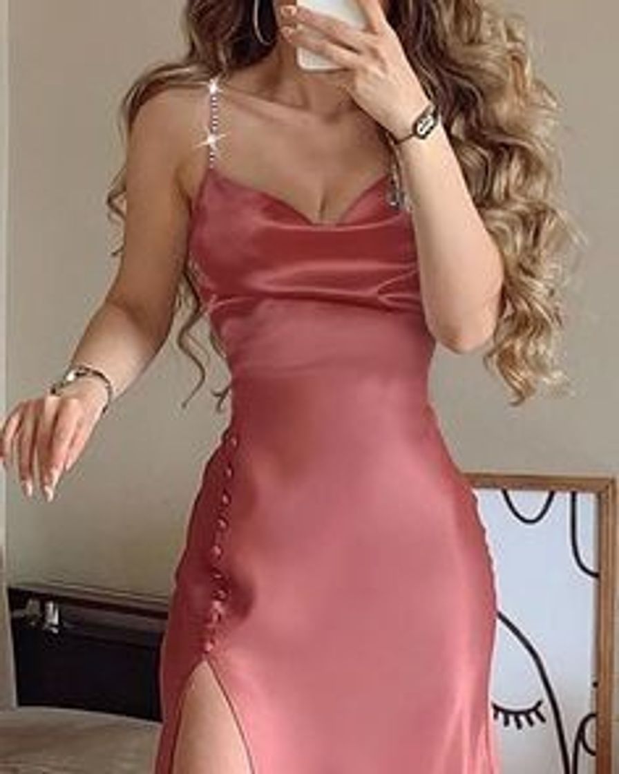 Studded Strap Buttoned Cowl Neck High Slit Satin Dress

