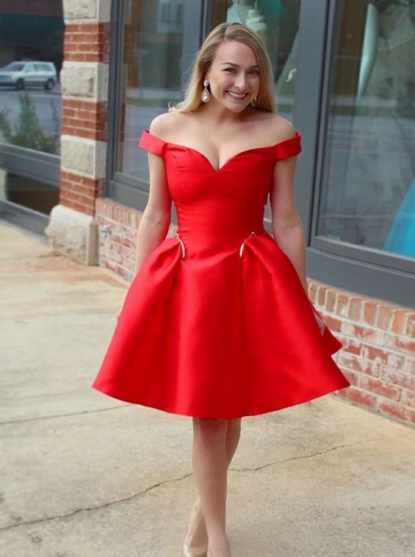 A-Line Off-the-Shoulder Knee-Length Red Satin Pockets Prom