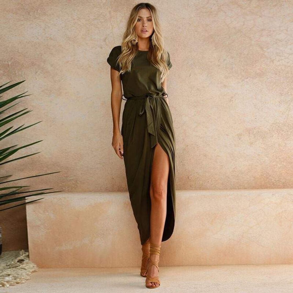 Moda Long Cut Out Belted Green Dress