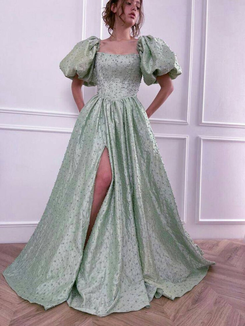 Moda Vestido Verde de mangas bufantes