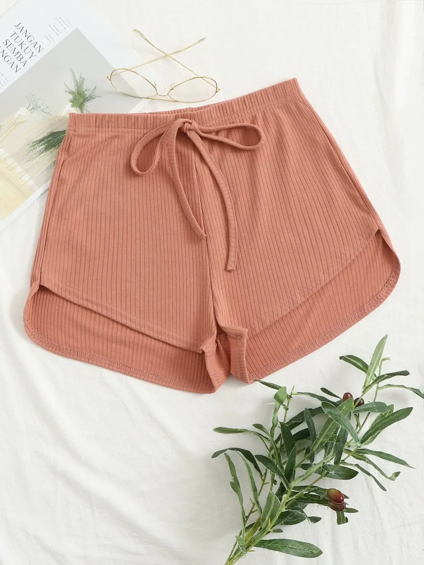 Fashion Tie Front Rib-knit Shorts | SHEIN UK