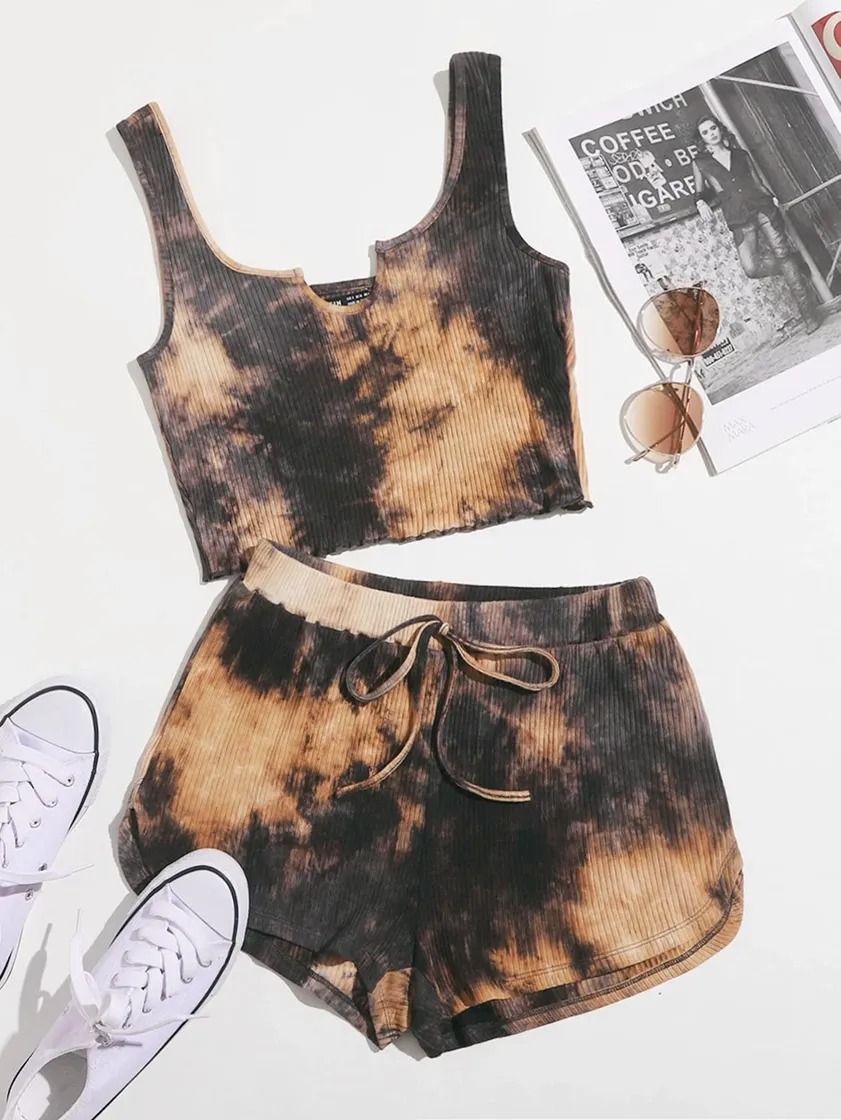 Fashion https://m.shein.com/br/Knot-Waist-Lettuce-Trim-Tie-Dye-Short