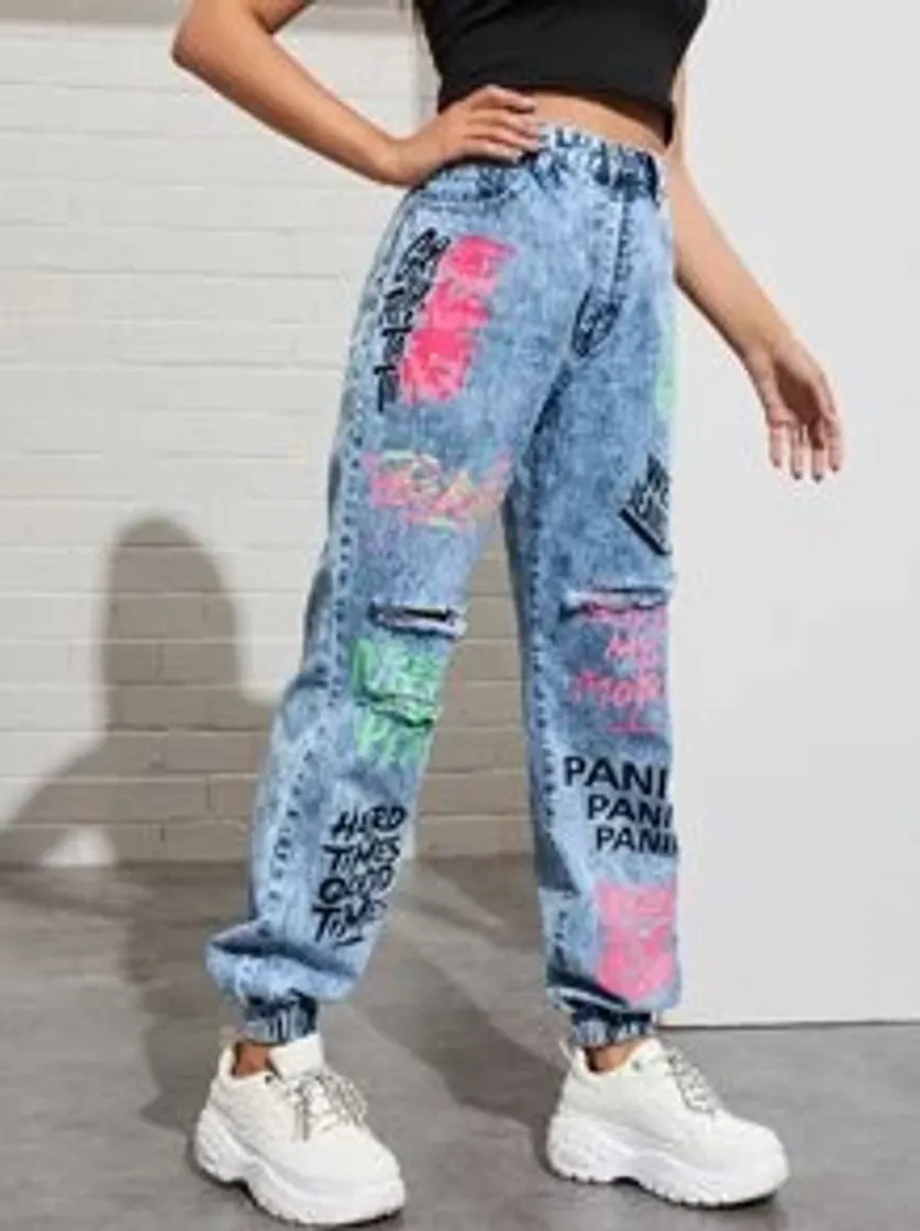 Fashion High Waisted Slogan Graphic Ripped Detail Jeans | SHEIN USA