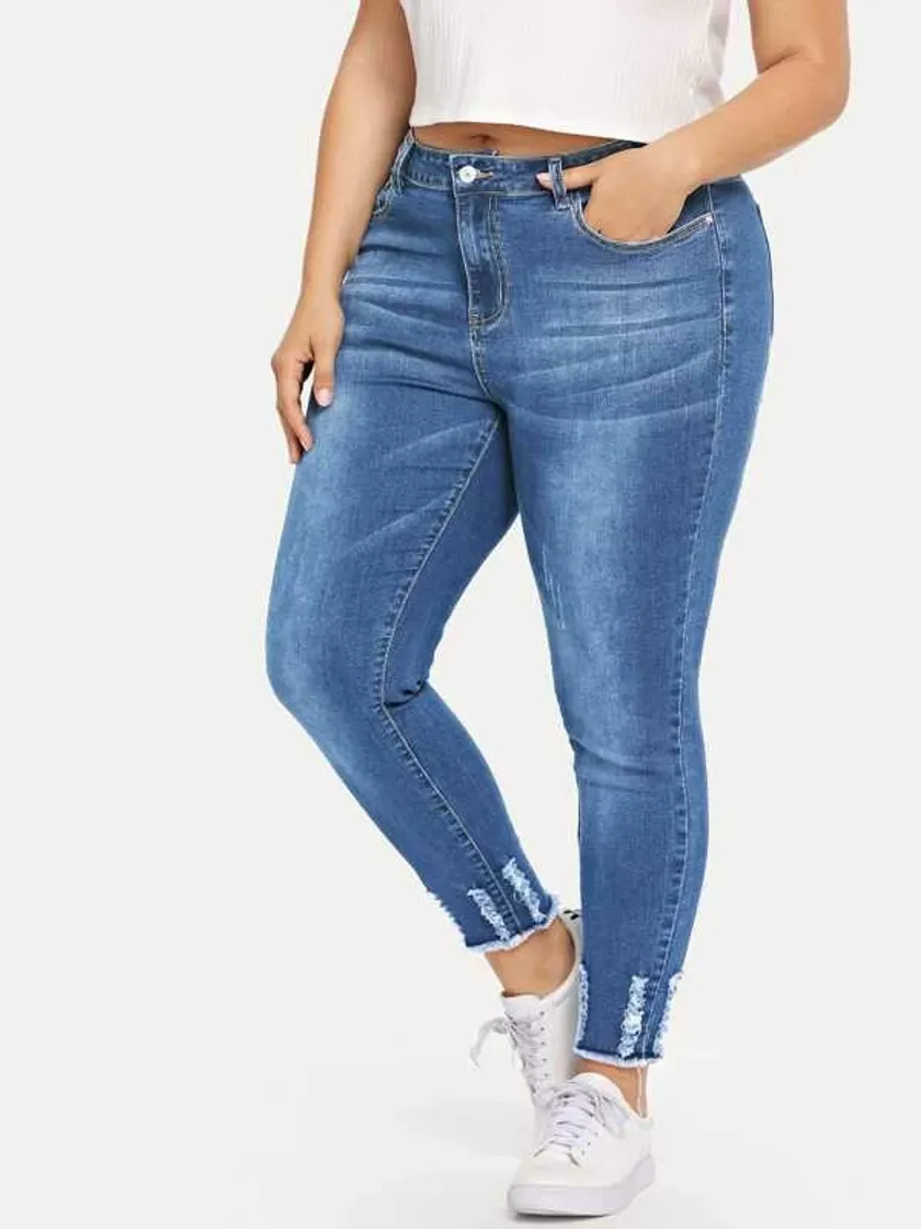 Fashion Plus Ripped Detail Raw Hem Jeans | SHEIN USA