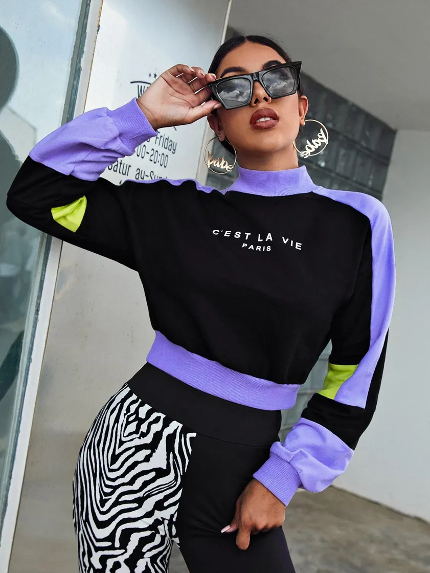 Fashion Mock Neck Slogan Graphic Colorblock Pullover | SHEIN USA