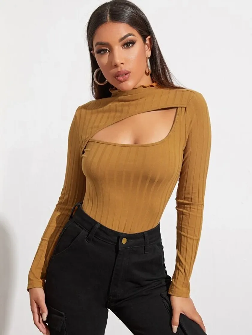 Fashion Cutout Detail Rib-knit Form Fitted Tee | SHEIN USA