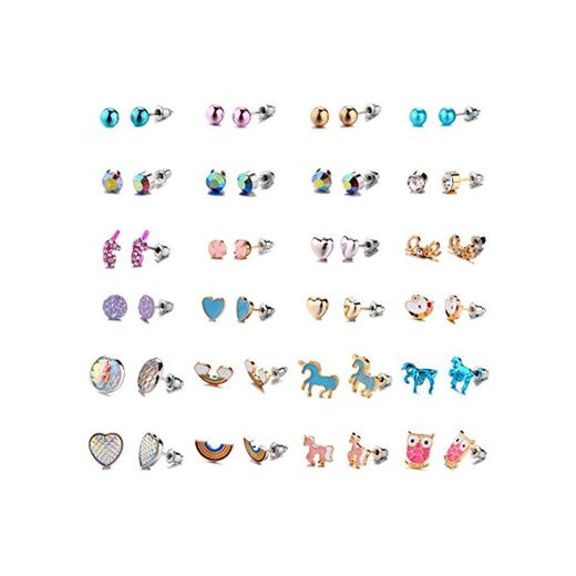 24 Pares de Pendientes Lindos Aretes Unicornio Arco Iris Búho Corazón Cristal Juego de Pendientes Variados Pendientes de Botón para Mujer Niñas