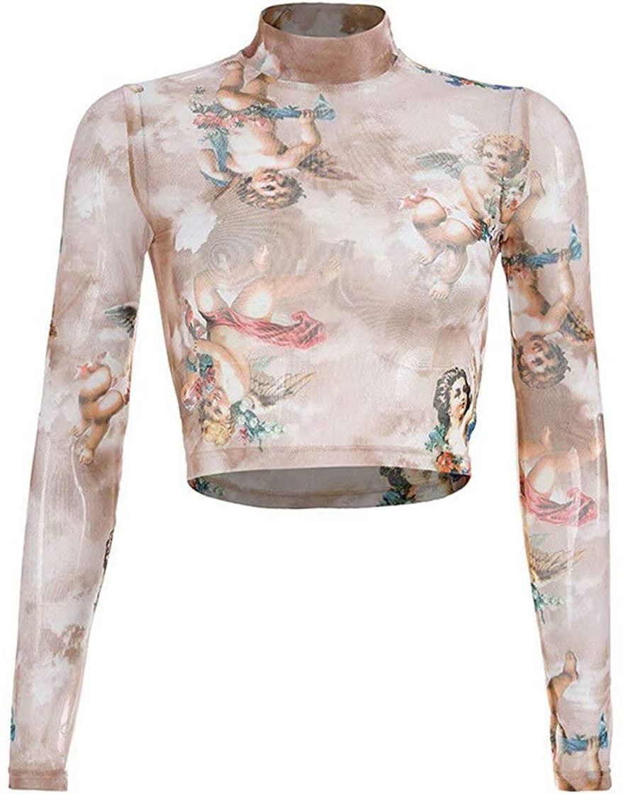 Social Loalirando Crop-Top Transparente Mujer Sexy de Manga Larga con ángeles Impresos Top