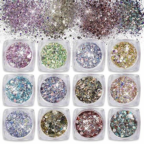 Purpurinas Polvo 12 Colores Chunky Glitter Paillette Brillante Decoración para Cara Maquillaje