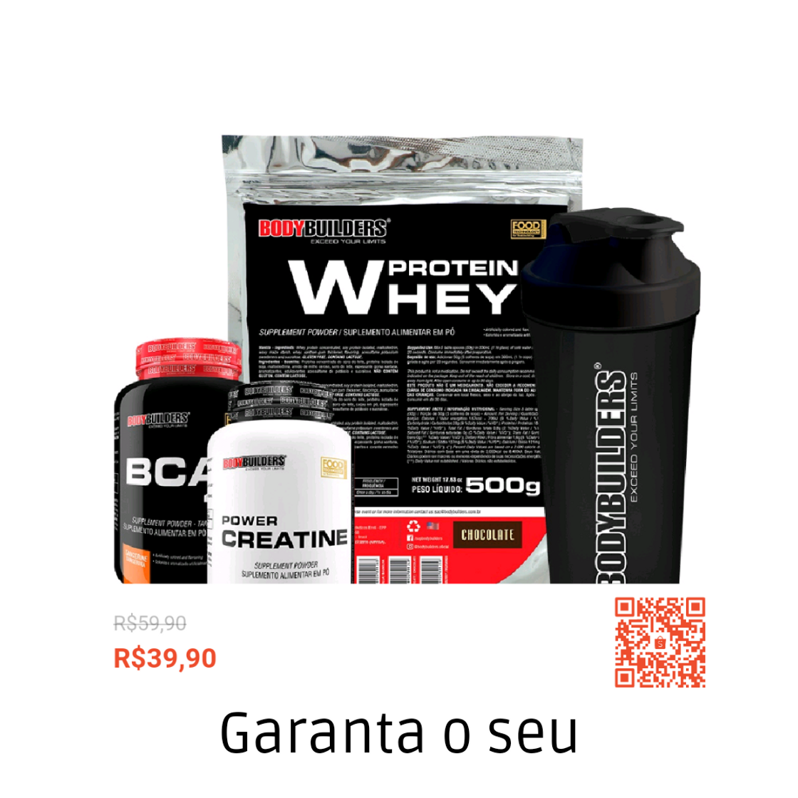 Fashion Kit Whey Protein 500g, BCAA 4,5 100g, Power Creatine 100g, Coqueteleira