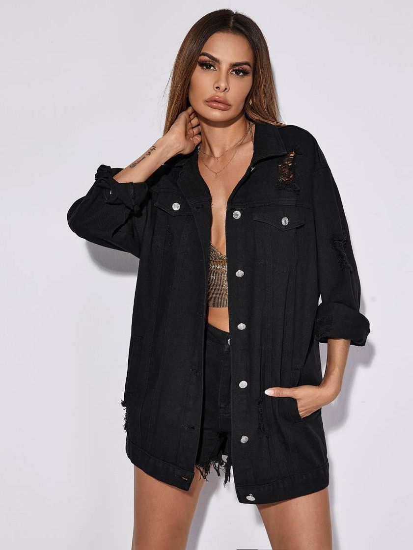 Jaqueta jeans lisa com botões rasgados