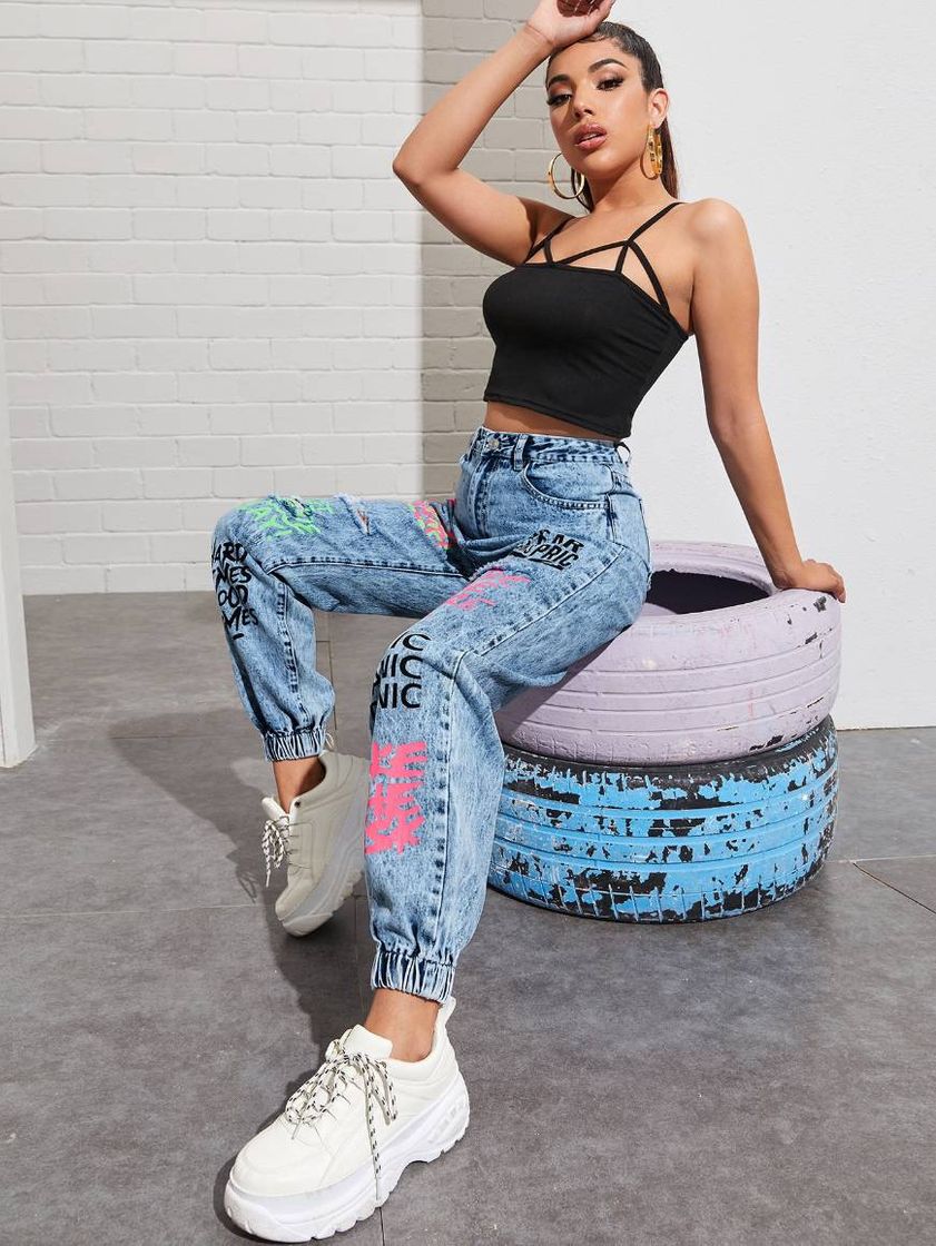 Jeans estampado ocasional feminino
