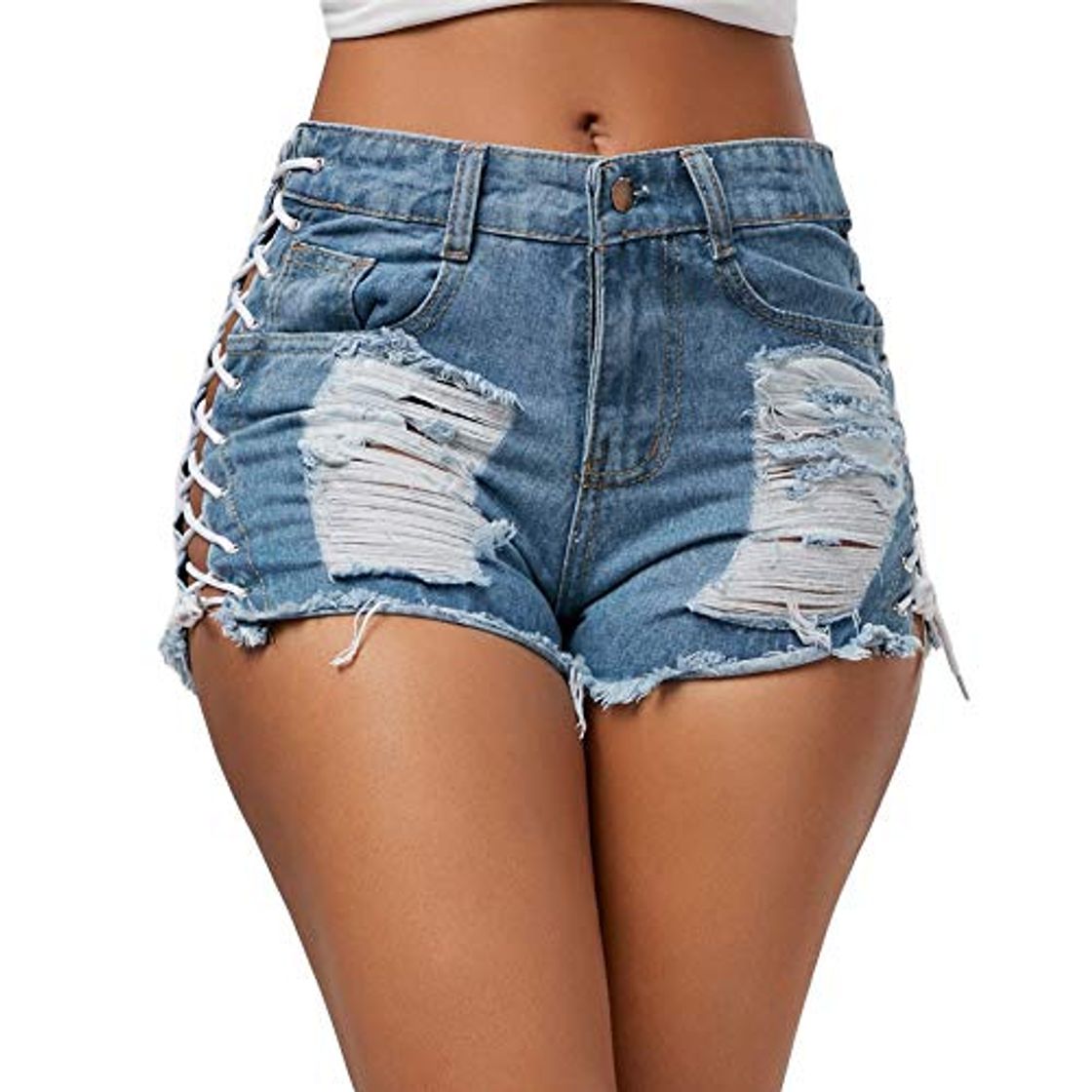 Moda Pantalones Cortos de Mezclilla de Verano Mujeres Denim Agujero sólido de Encaje Corto Feminino Sexy Venda Jeans Pantalones Cortos Mujeres Ripped Shorts de Cintura Alta Pantalones Cortos para Mujer