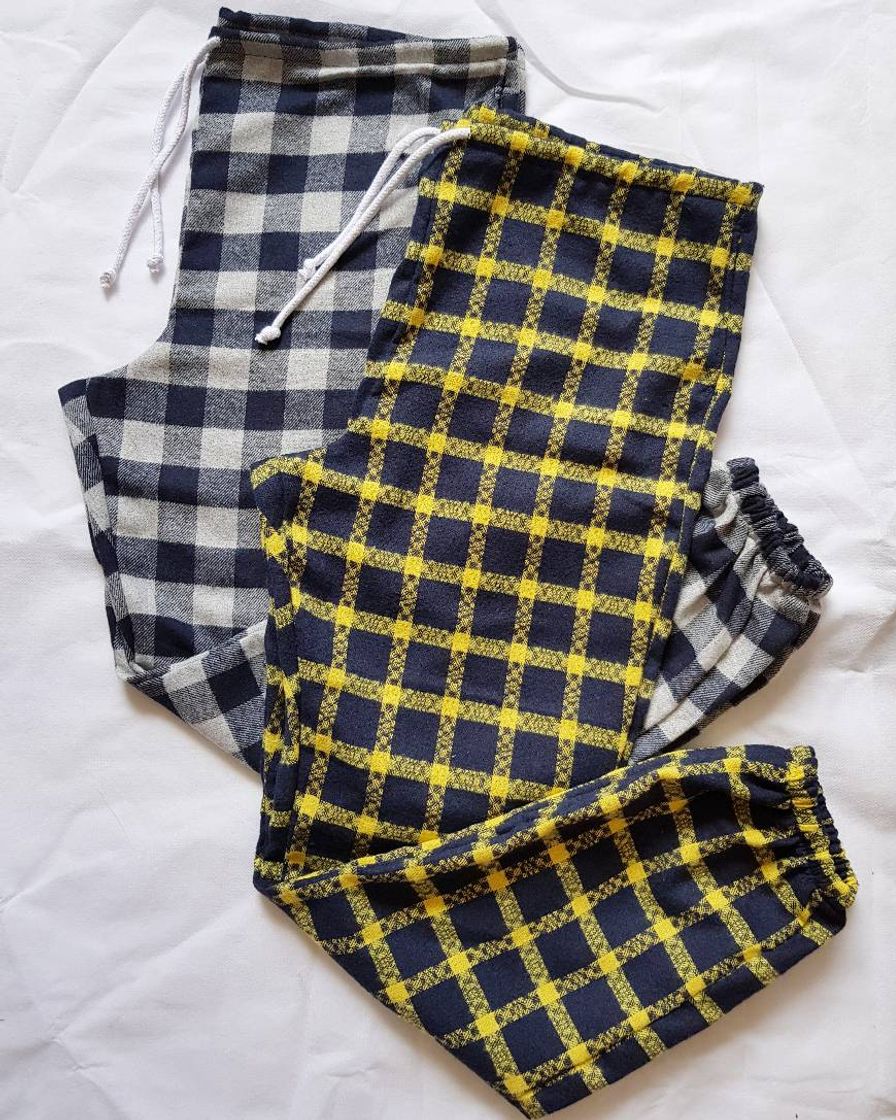 Moda Calça flanela xadrez azul marinho e amarelo