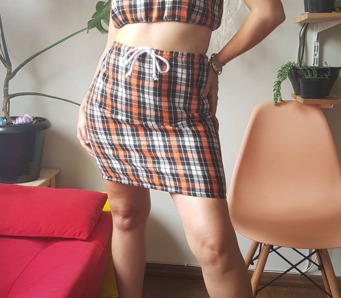 Moda Saia de flanela xadrez laranja