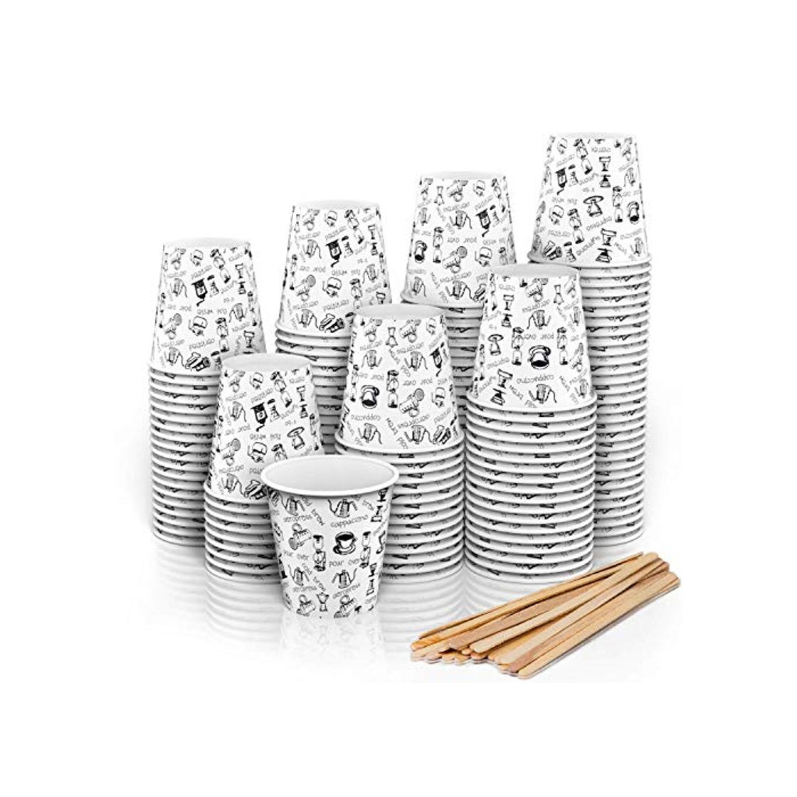 Social 140 Vasos Carton Desechables para Café Espresso 110 ml con Agitadores de Madera para Café para Llevar