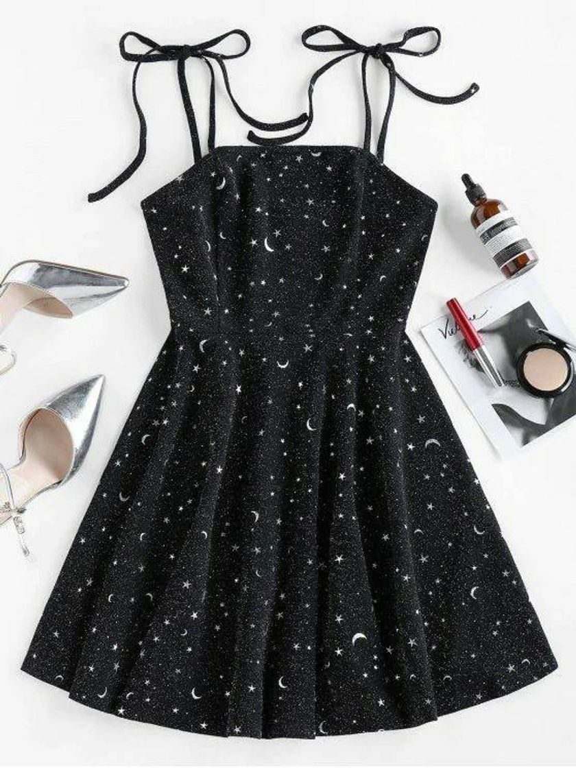 Moda Vestido Preto Com Estampa De Estrelas✨🌟