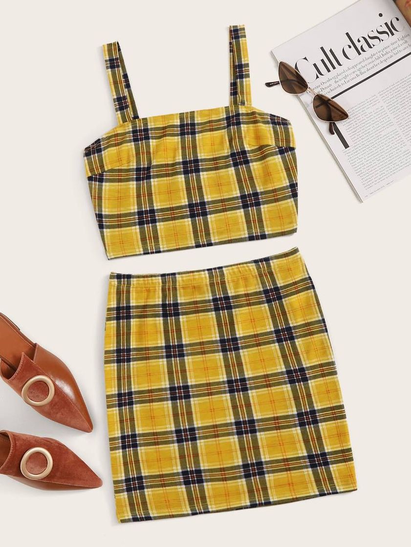 Fashion Conjunto cropped e saia amarelo xadrez