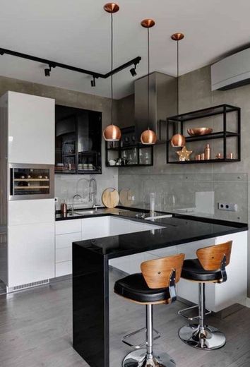 Cozinha cinza, preto e branco 