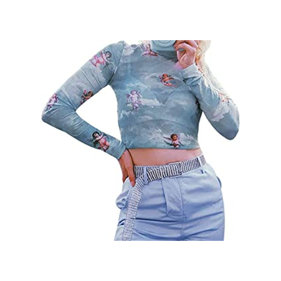 Social Loalirando Crop-Top Transparente Mujer Sexy de Manga Larga con ángeles Impresos Top