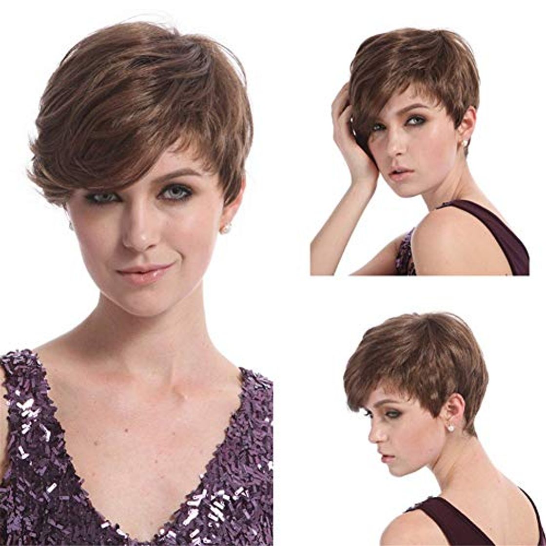 Fashion FFWIGS FABBS Corto Directamente Pixie Cut Marrón Cabello Sintético Pelucas por Mujer con Bangs Calor Resistente Natural Cabello Moda Reemplazo Peluca 9" 100G