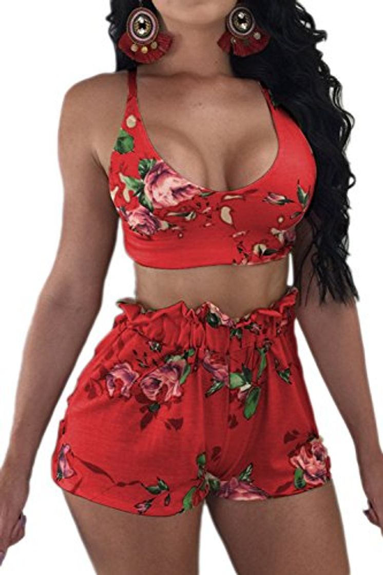 Social YACUN Mujer Verano Playa Dos Piezas Conjunto Chaleco Top Pantaloines Cortos Traje Bodysuit Casual Sport Floral Sets Rojo S