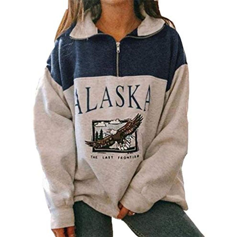 Fashion Mujeres Alaska Letra Impresión Sudadera Suelta Casual Manga Larga Hip Hop Alto Cuello Redondo Cremallera Águila Gráfico Top