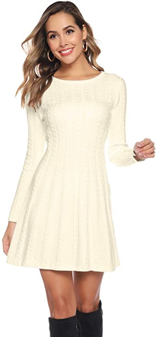 Moda Hawiton Vestido de Punto para Mujer Vestido de Suéter de Cuello Alto Elegante Jersey de Manga Larga de Una Línea para Otoño Invierno