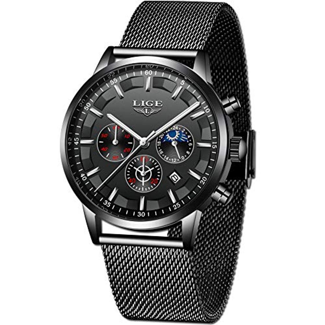 Product LIGE Relojes Hombres Moda Negro Acero Inoxidable Analógico Cuarzo Relojes Hombres Impermeable Deporte Cinturón de Malla Relojes