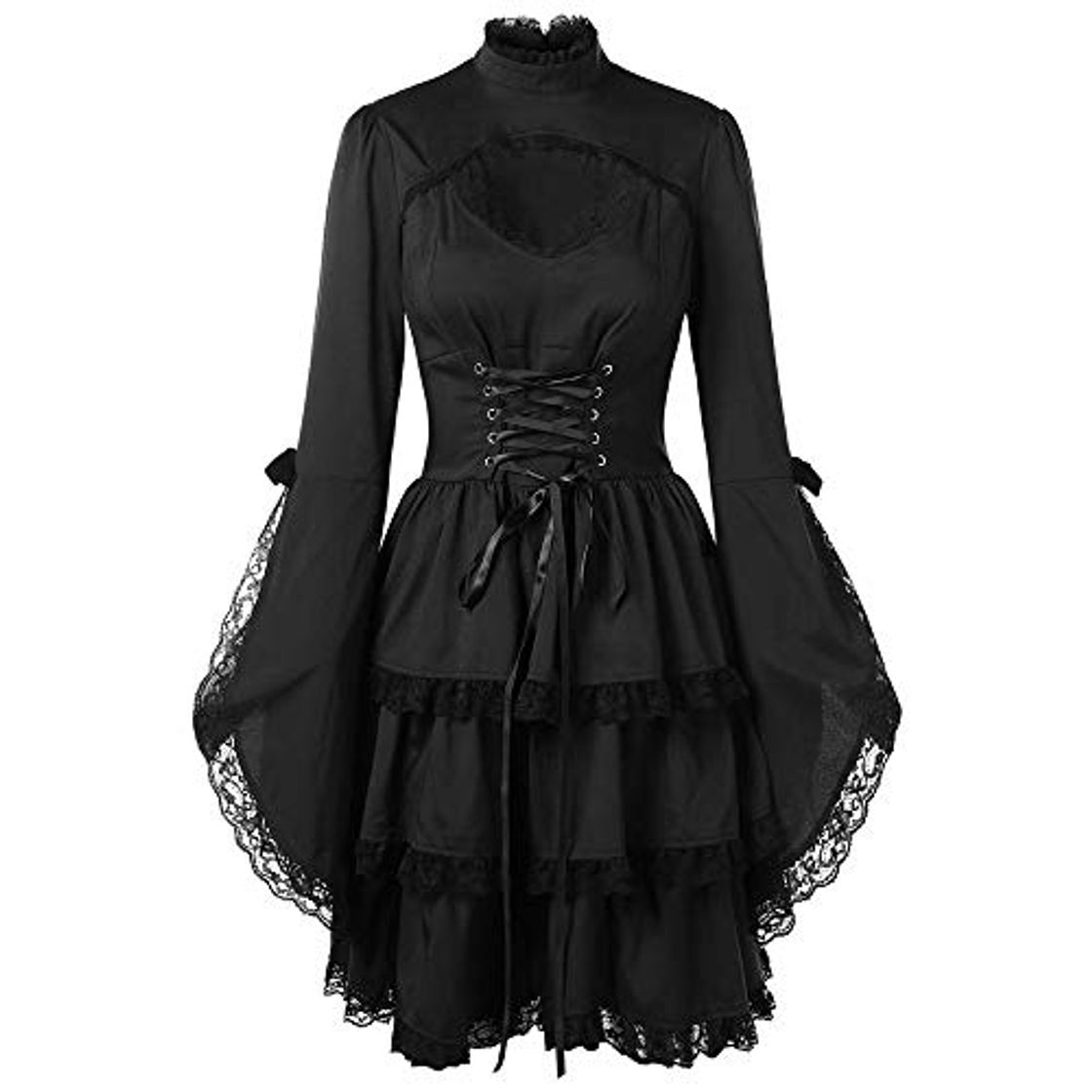 Fashion Lenfesh Otoño Invierno Mini Vestido con Manga Larga para Mujer Vestido gotico Negro Vestido de Fiesta Cóctel Vintage Rockabilly Vestido de Fiesta