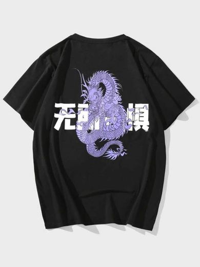 Camiseta chinesa com letras e dragão 🖤