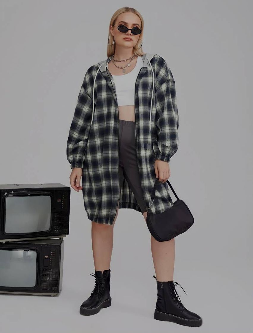 Fashion Plus Plaid Contrast Drawstring Hooded Jacket