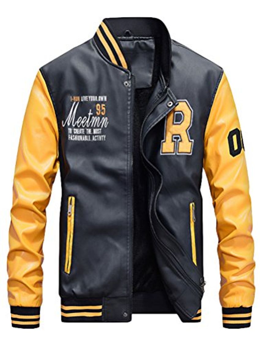 Moda Vogstyle Hombres Cuero de Invierno la de Chaqueta de la PU de Béisbol con Chaquetas Amarillo XXL